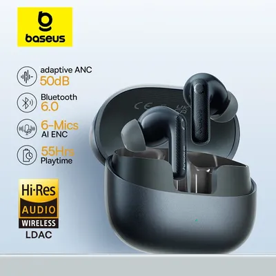 Baseus EP10 Pro ANC 이어버드 무선 블루투스 6.0 이어폰 50dB 실시간 적응형 헤드폰 6 마이크 고해상도 LDAC IP55 이어 버드 노이즈캔슬링 이어폰 블루투스 이어폰